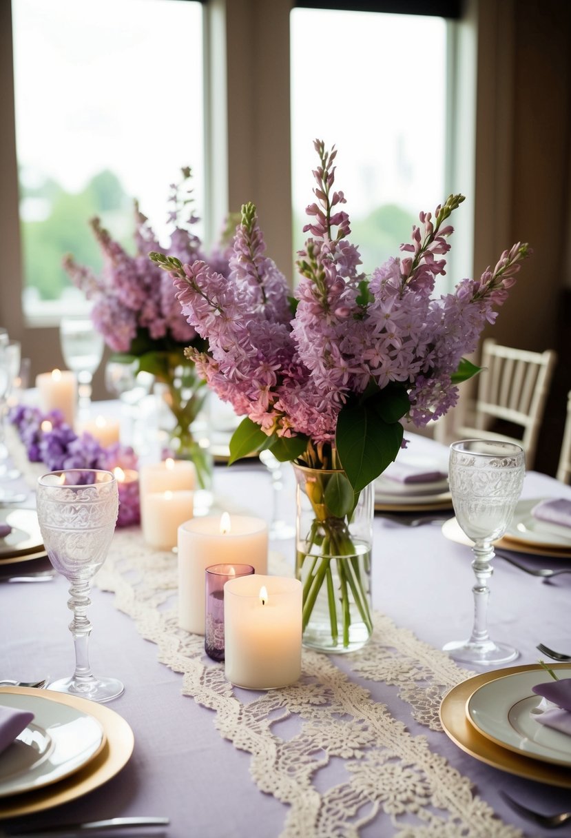 A table adorned with lilac flowers, candles, and delicate lace runners