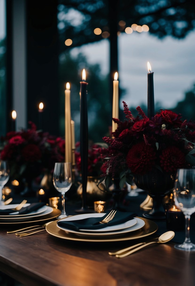 A dark, moody wedding table set with gold cutlery, black candles, and deep red floral arrangements