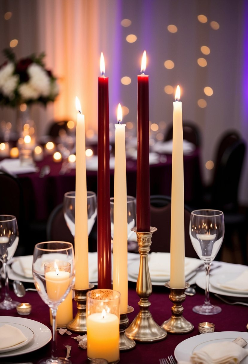 Tall maroon and ivory candles illuminate a wedding table, creating a warm and romantic atmosphere