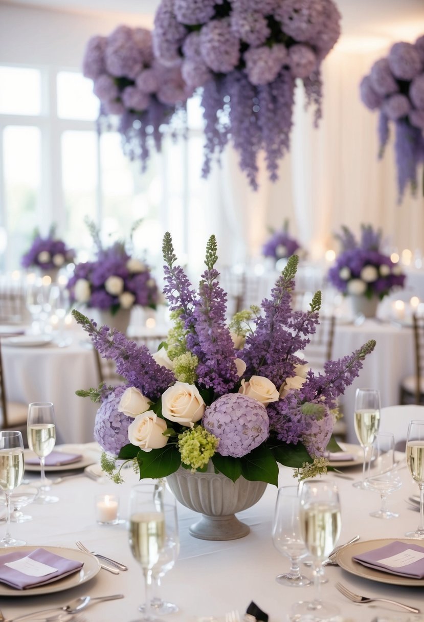 Lilac and lavender centerpieces adorn a wedding table, creating a soft and elegant atmosphere