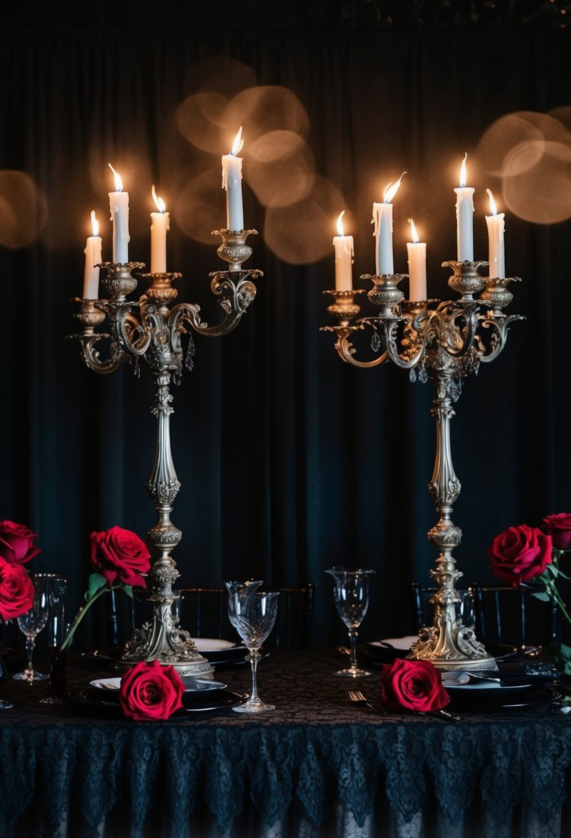 Gothic candelabras casting eerie shadows on a dark, ornate wedding table adorned with black lace and deep red roses