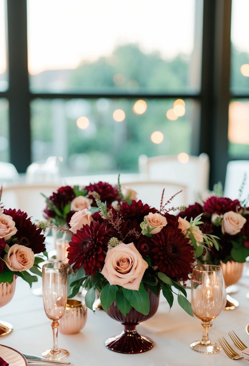 A table adorned with maroon and blush flower arrangements for a wedding