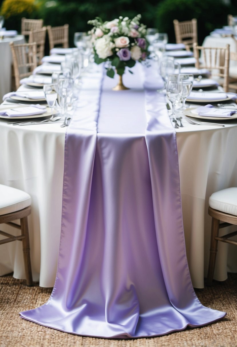 A long, flowing lilac satin table runner drapes elegantly across a beautifully set wedding table, adding a touch of luxury and romance to the decor