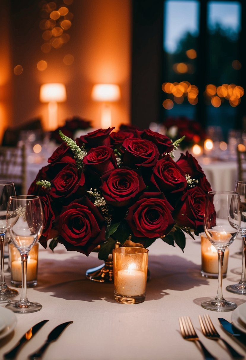 A table adorned with deep red roses and moody lighting for a wedding centerpiece