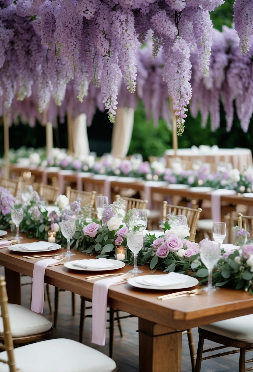 Lilac floral garlands adorn wedding tables