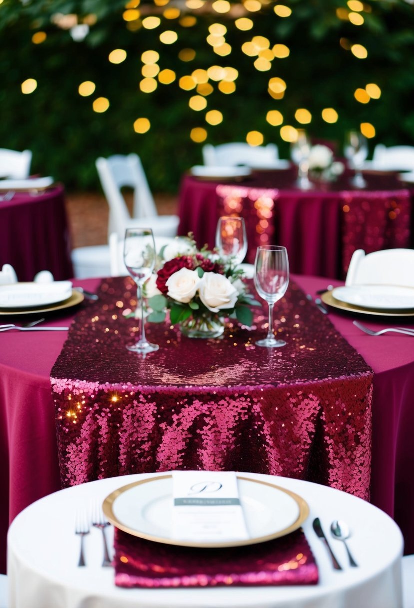 Burgundy sequin table overlays shimmering on maroon wedding tables