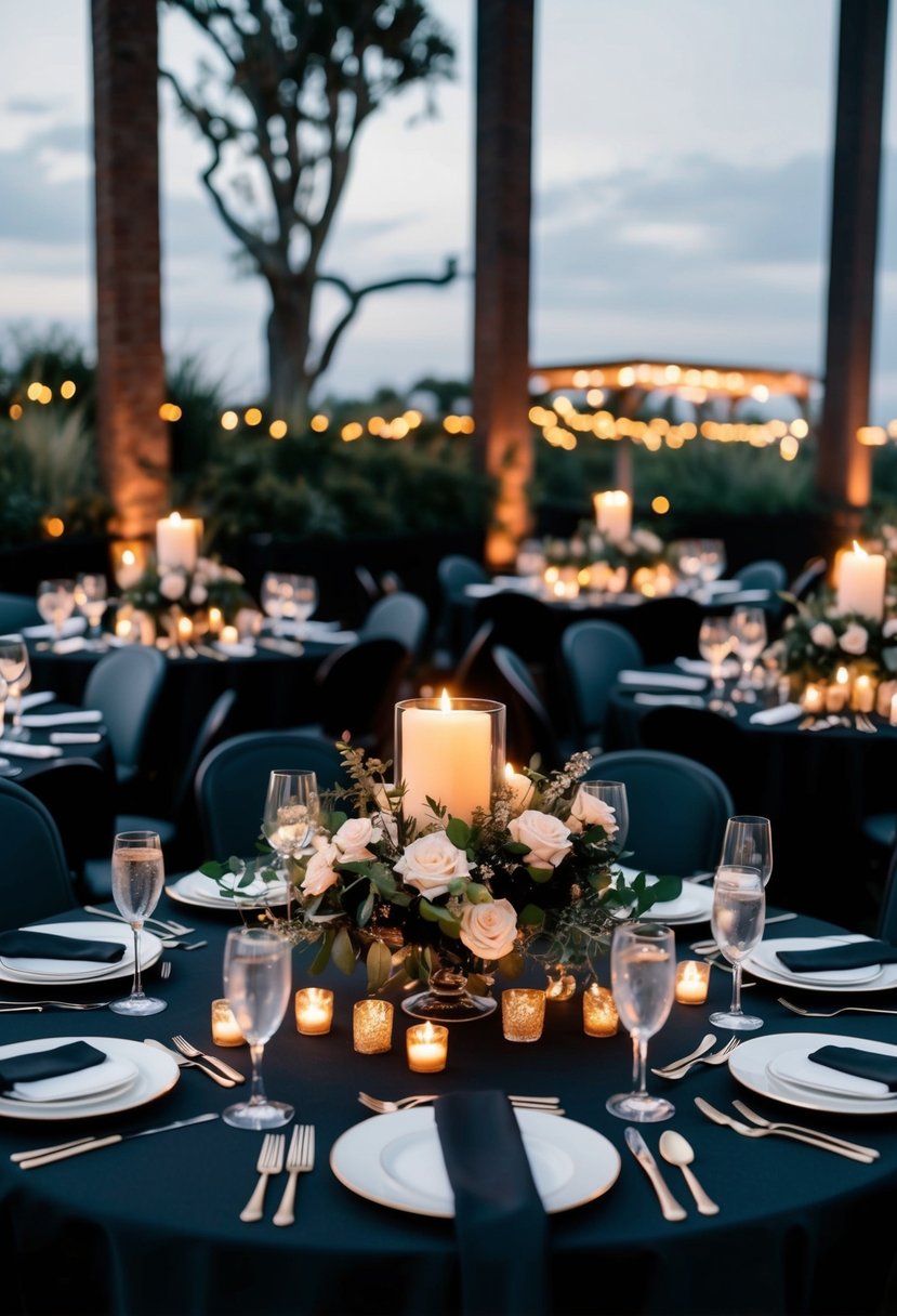 Black tablecloths draped over elegant tables, adorned with moody floral centerpieces and flickering candlelight