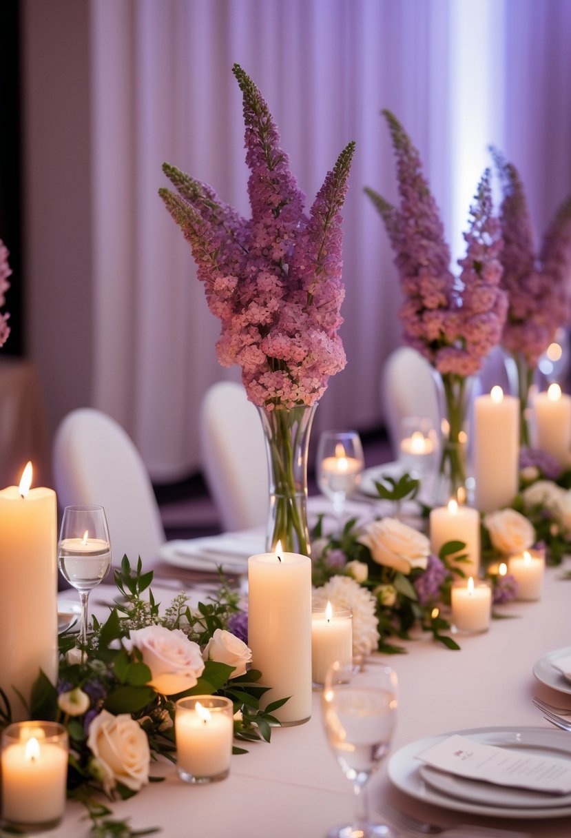 Lilac-scented candles flicker among delicate floral centerpieces on a wedding reception table