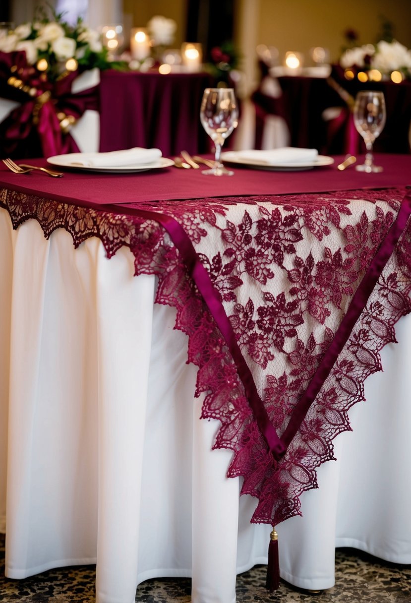 A maroon tablecloth with a lace overlay draped over a wedding table, adorned with elegant maroon decorations