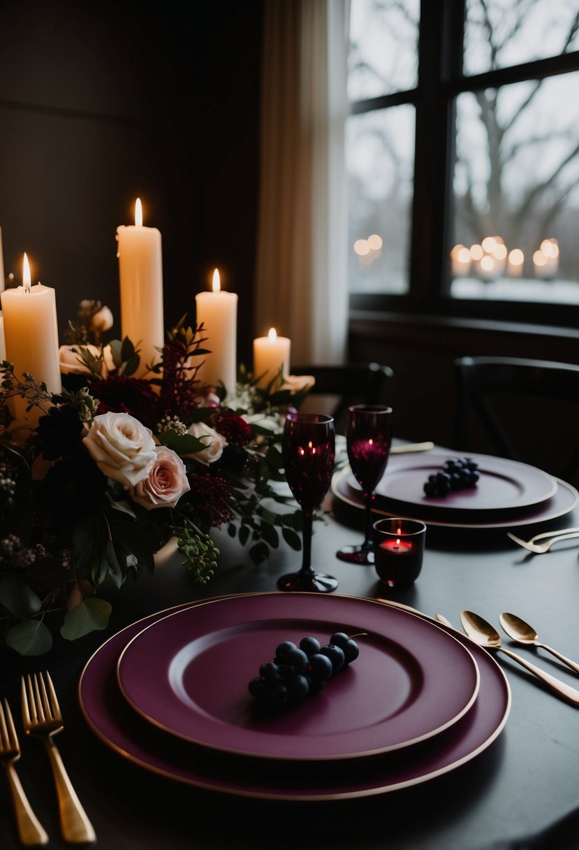 A dark, moody table setting with berry-colored chargers, elegant floral centerpieces, and flickering candlelight