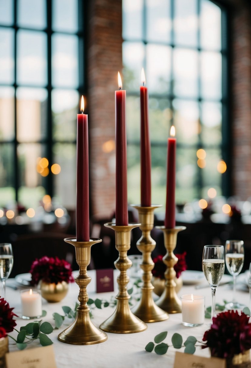 Brass candlestick holders with maroon candles on a wedding table, surrounded by maroon floral decorations