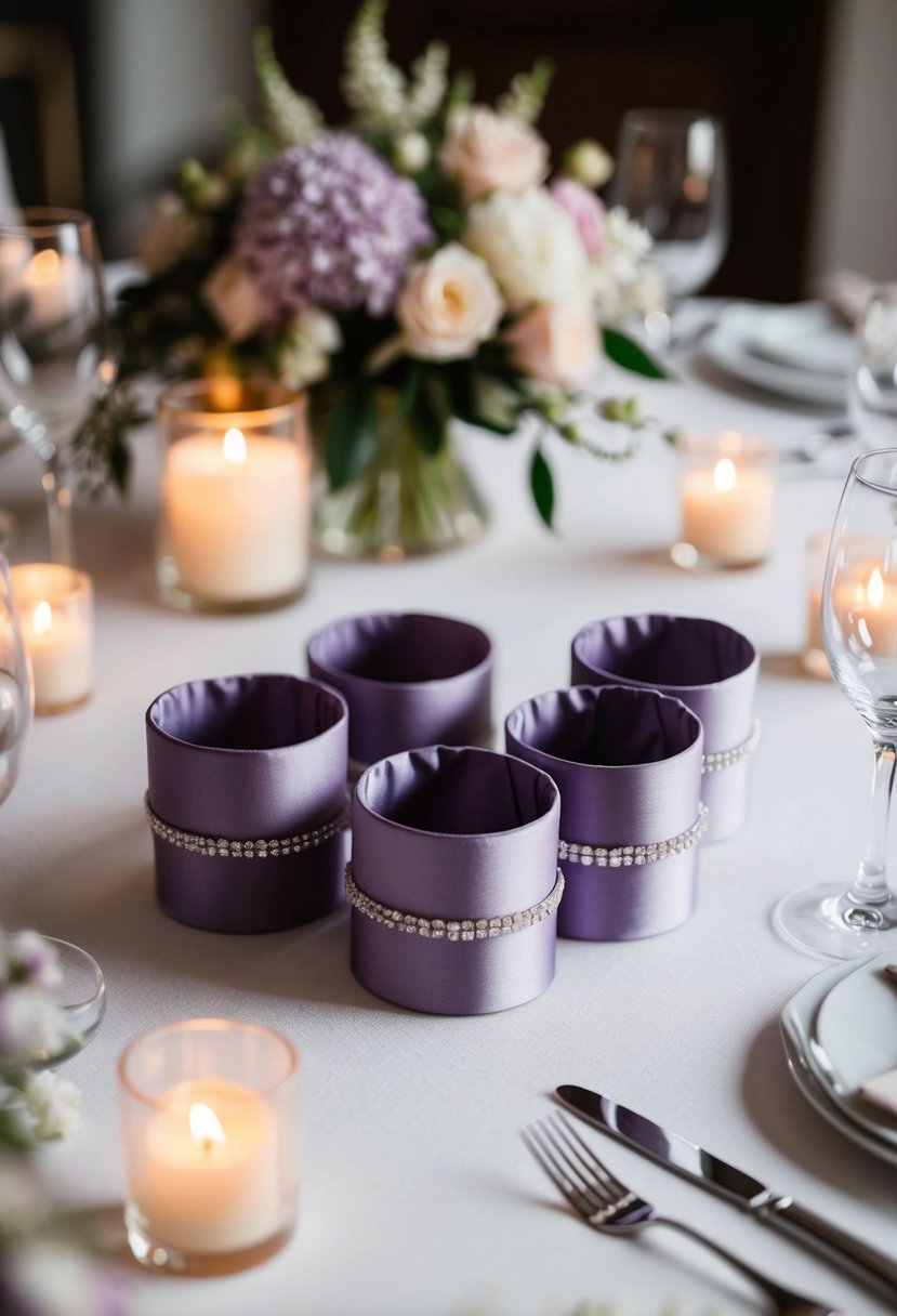 Lilac napkin rings arranged on a wedding table, surrounded by delicate floral centerpieces and soft candlelight