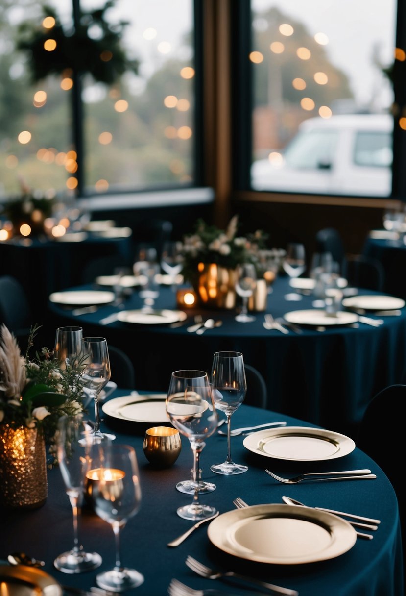 A dark, moody wedding table adorned with metallic accent pieces