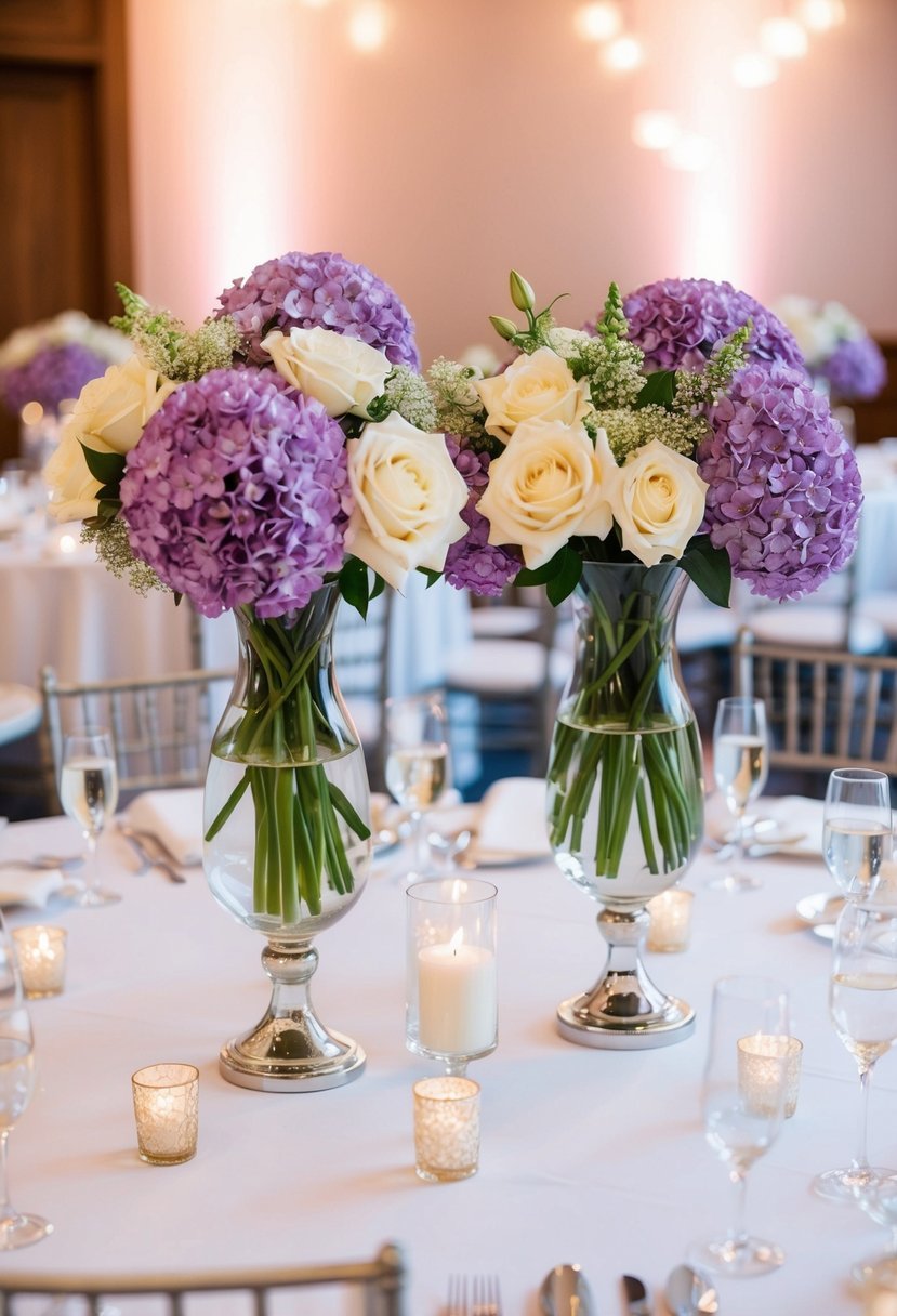 Lilac and cream flowers arranged in vases on a wedding reception table