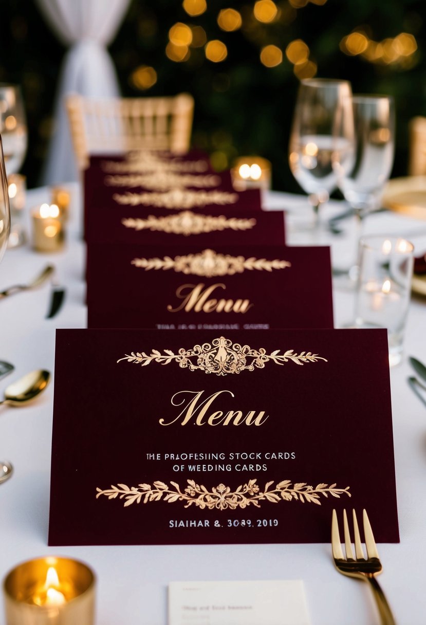 Maroon menu cards with gold lettering displayed on a decorated wedding table