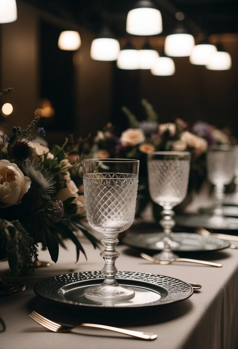 A dimly lit table adorned with textured goblets and moody florals