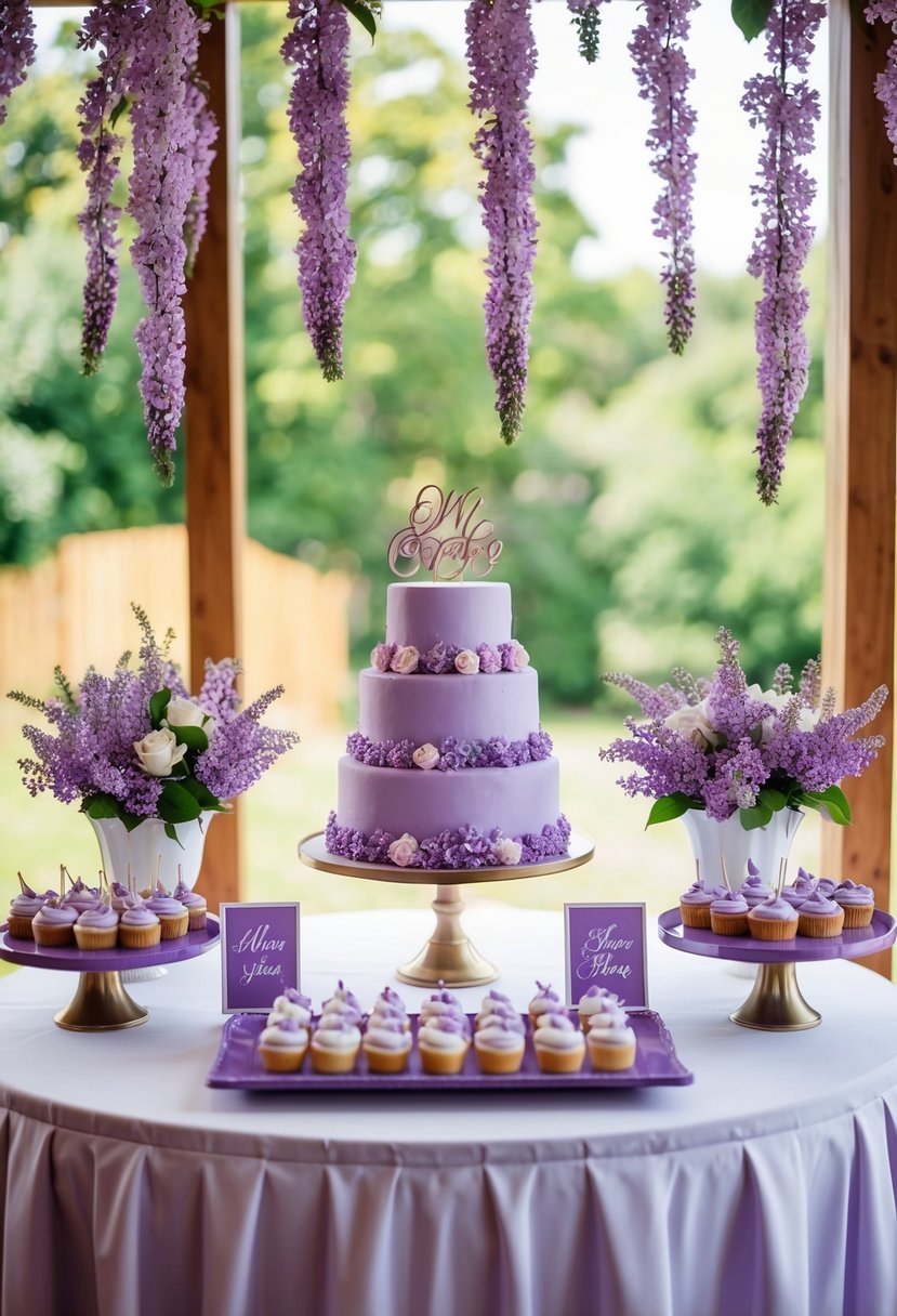 A dessert table adorned with lilac-themed treats and wedding decorations