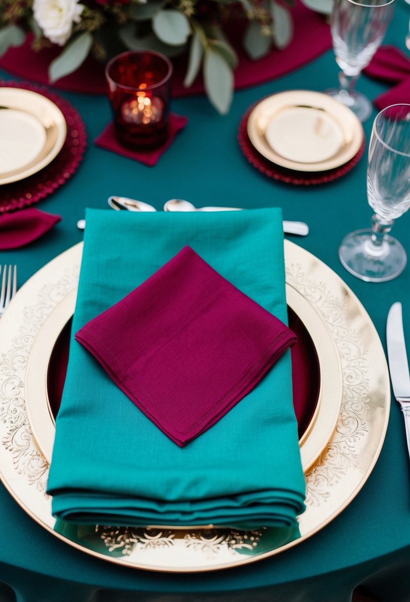 A teal napkin is layered with a maroon napkin on a wedding table, surrounded by maroon decorative elements