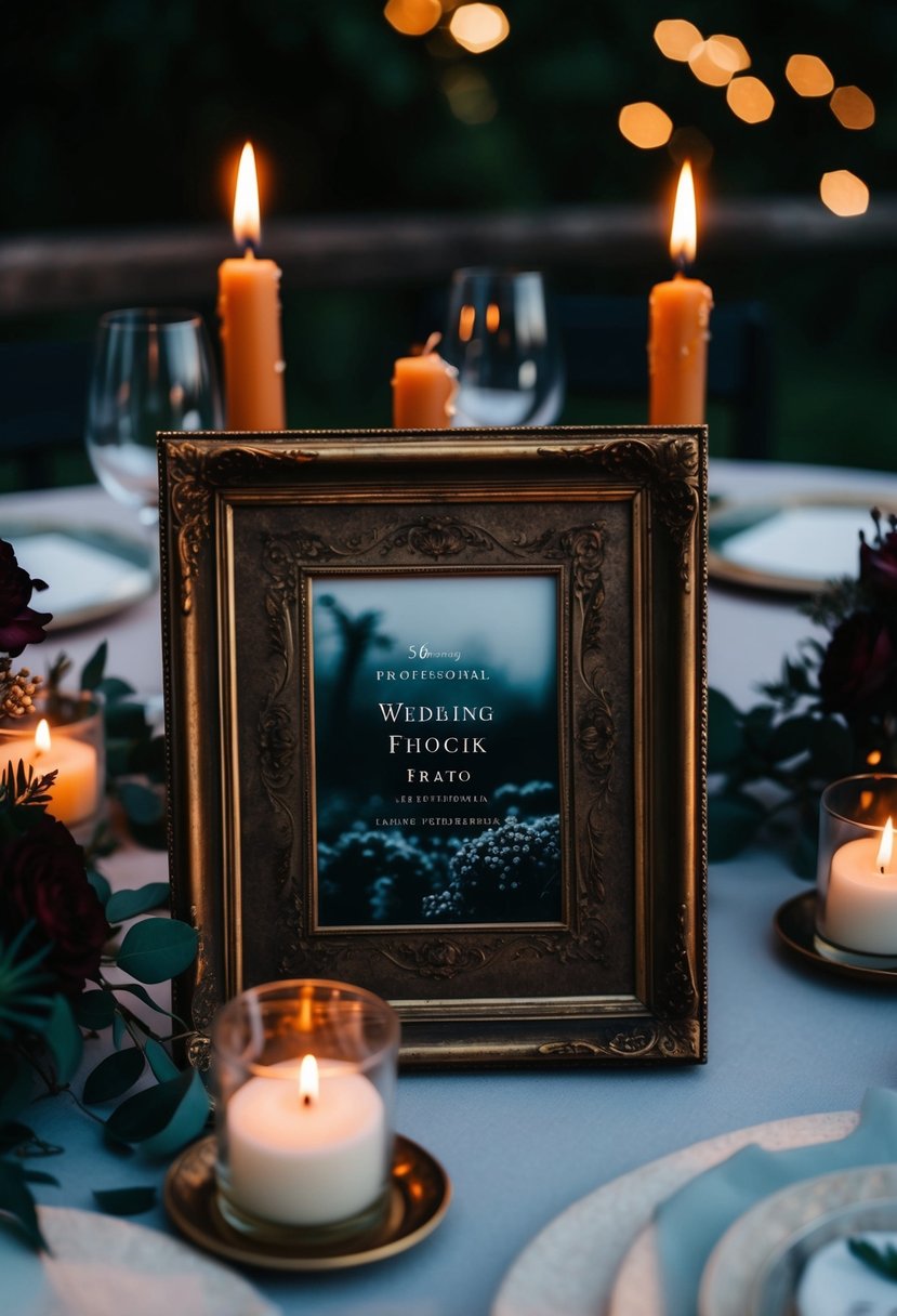 Antique picture frames holding moody wedding table decorations with candles and dark florals