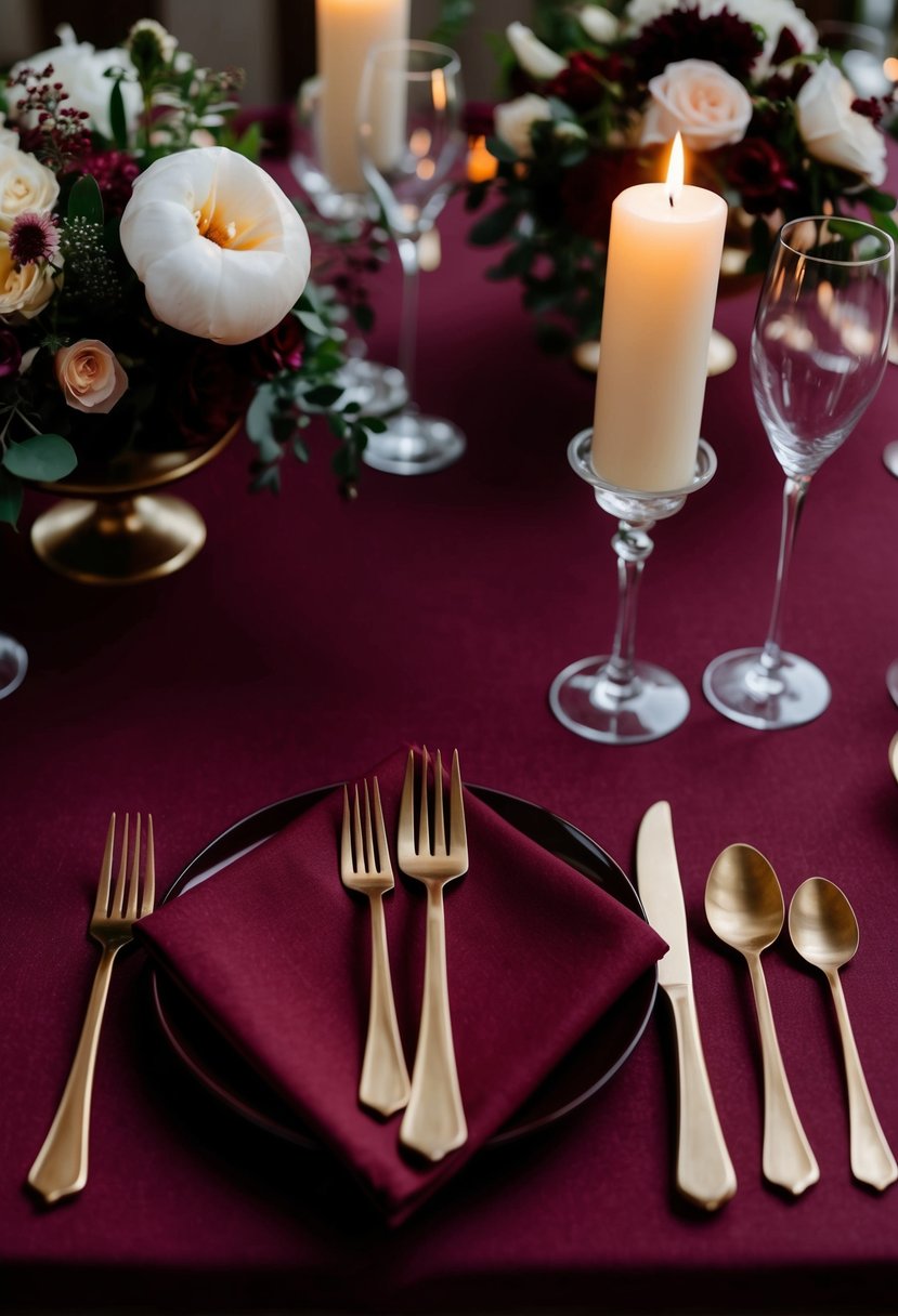 Bronze cutlery arranged on maroon napkins against a maroon tablecloth, with elegant floral centerpieces and candlelight