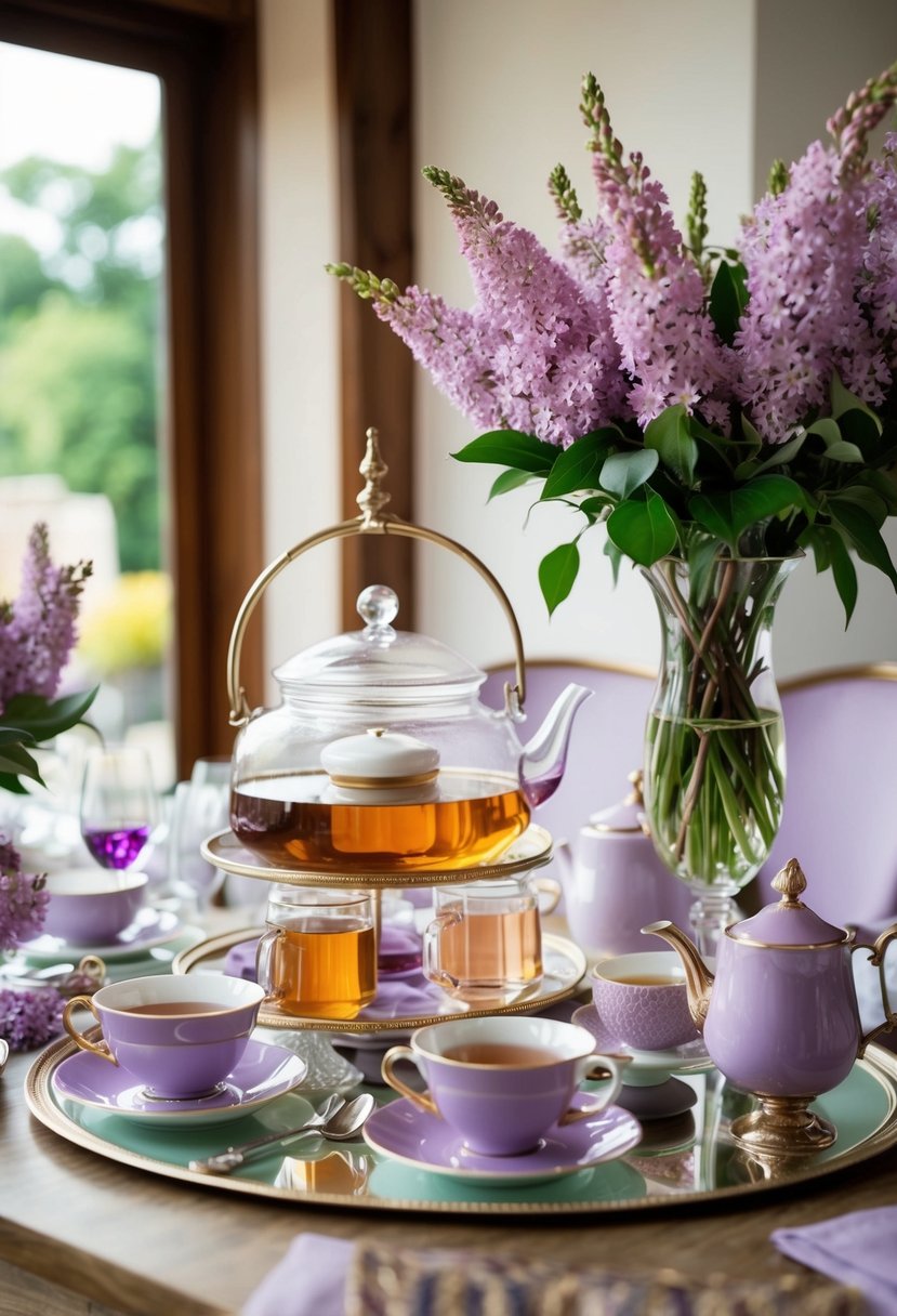 A cozy tea bar adorned with lilac-infused teas and elegant lilac wedding table decorations