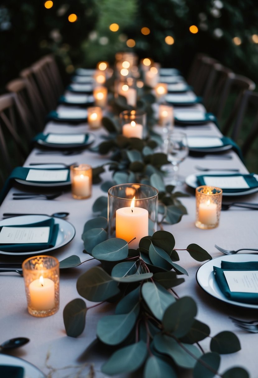 A moody wedding table adorned with eucalyptus garland and flickering candles