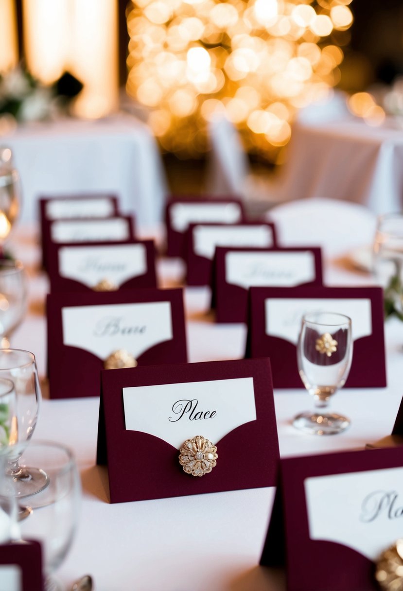 Maroon place card holders arranged on a wedding reception table