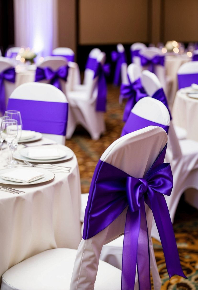 Lilac ribbons adorn chairs and tables at a wedding reception, adding a touch of elegance and romance to the decor