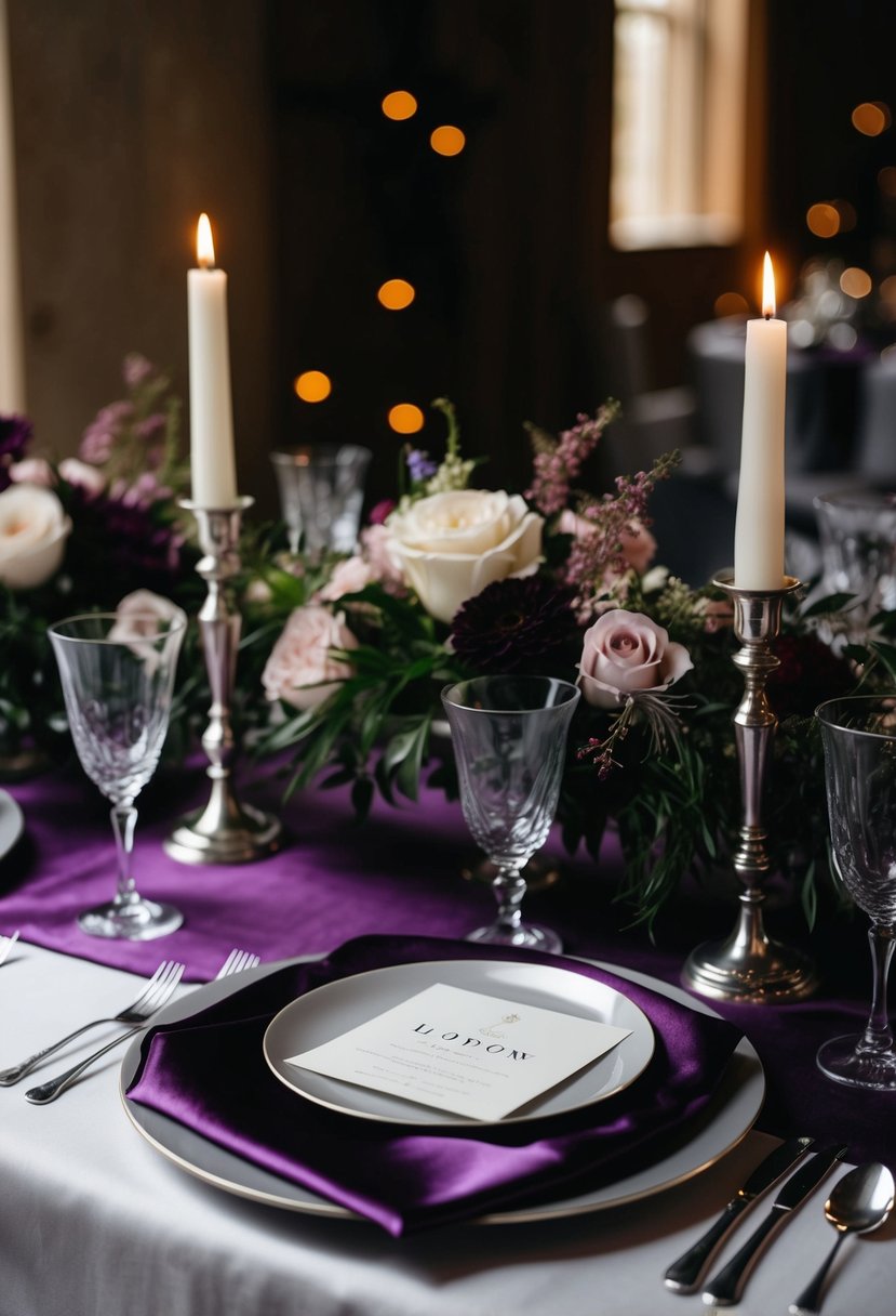 Elegant table setting with deep purple satin linens, silver candlesticks, and moody floral arrangements