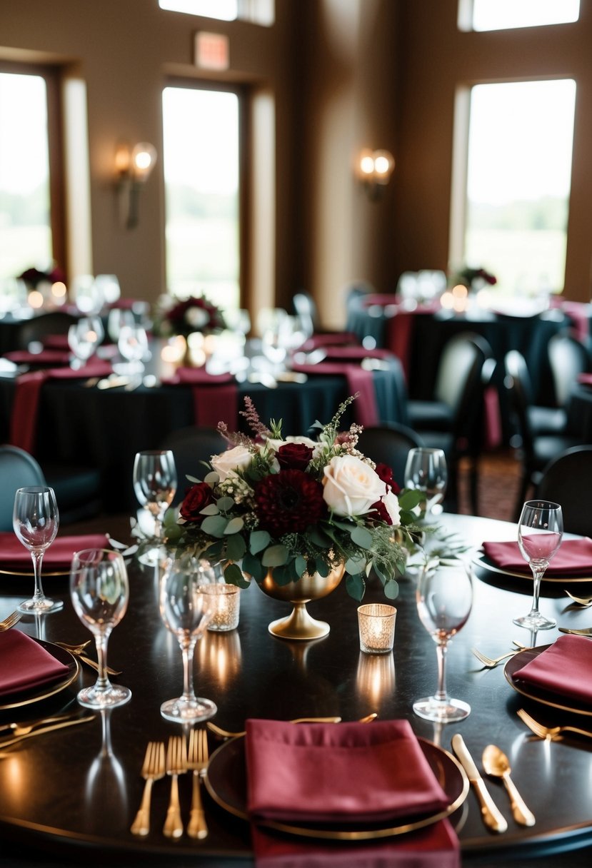 A dark wood table with maroon linens and elegant maroon wedding decorations