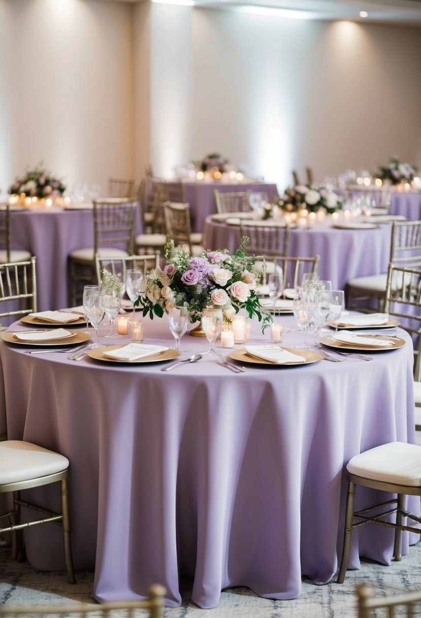 Lilac table linens arranged on a wedding reception table, with delicate floral centerpieces and elegant place settings