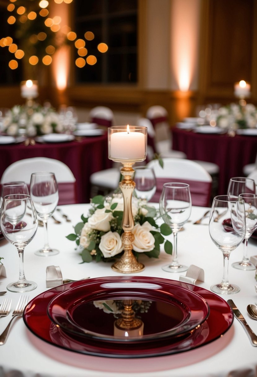 Maroon glass chargers arranged on a wedding table with elegant decorations