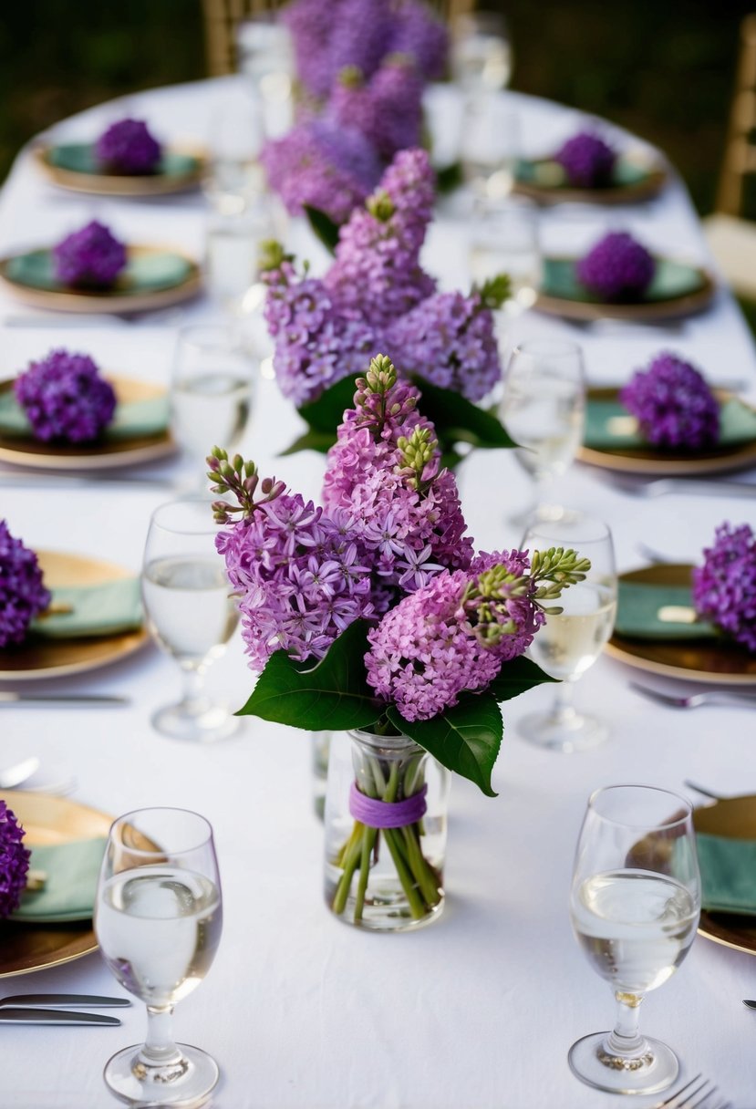 Miniature lilac bouquets arranged at each place setting on a wedding table