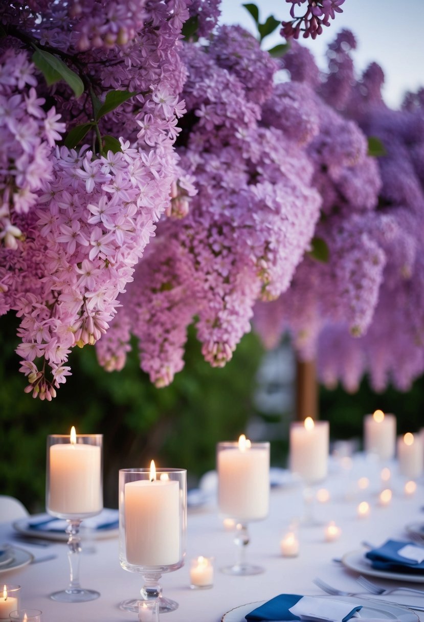 Lilac blossoms and floating candles adorn a wedding table, creating a serene and elegant atmosphere