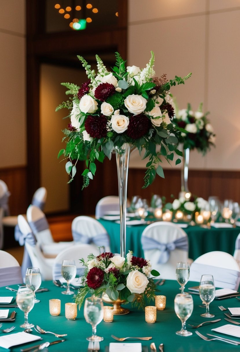 Emerald green and maroon floral centerpieces adorn a wedding reception table