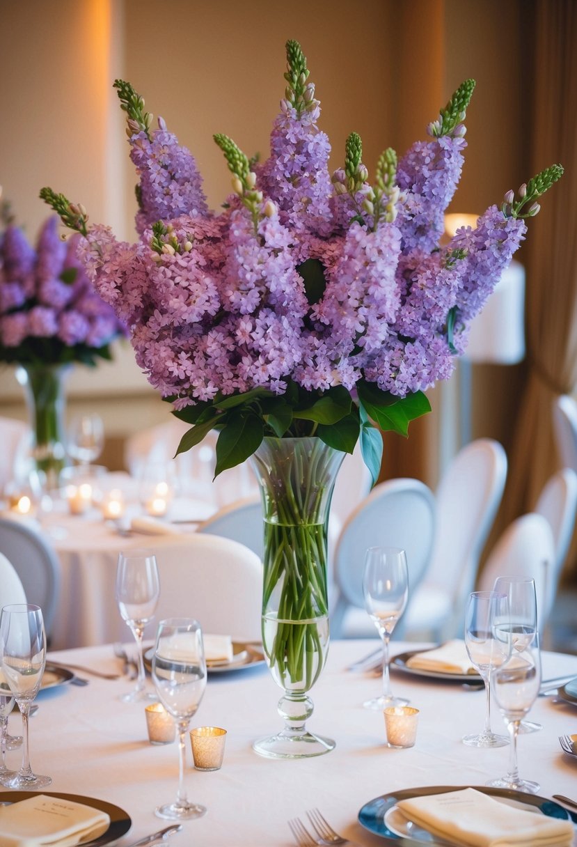 Elegant vases hold lilac flowers on a wedding table