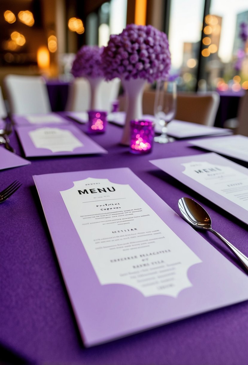 Lilac menu cards lay on a table with matching themed decorations