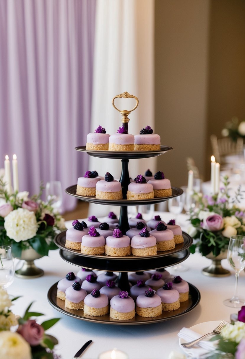 Tiered trays display lilac desserts amid floral table decor at a wedding