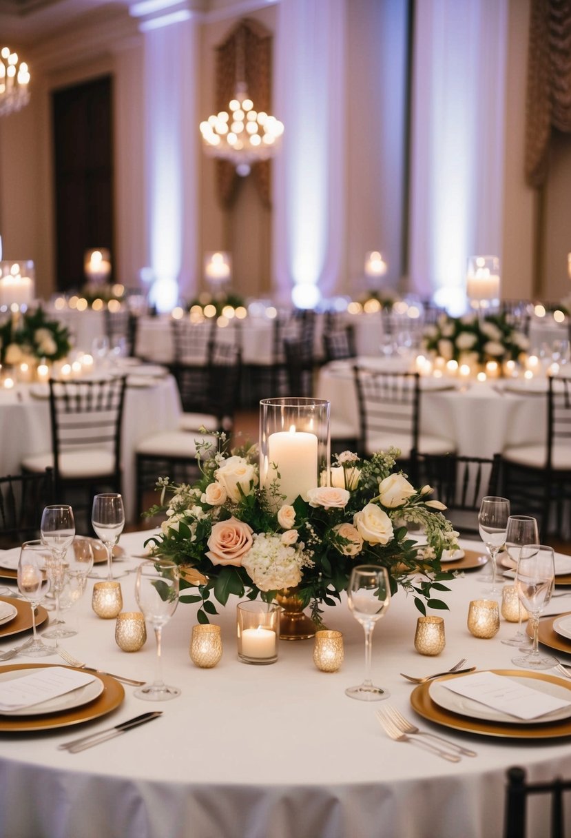 A grand table adorned with elegant floral centerpieces and sparkling candlelight for a wedding celebration