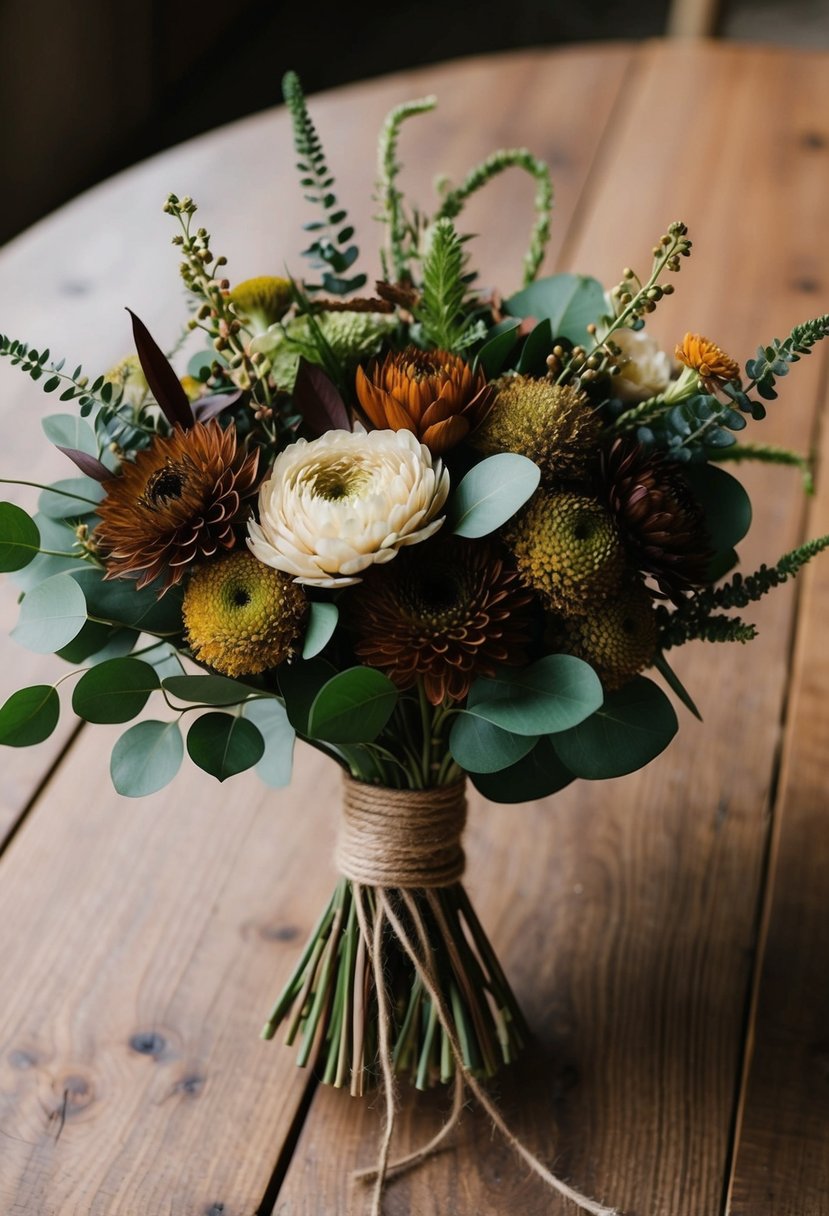 A rustic wedding bouquet of earth-toned flowers and greenery, tied with twine, sitting on a wooden table