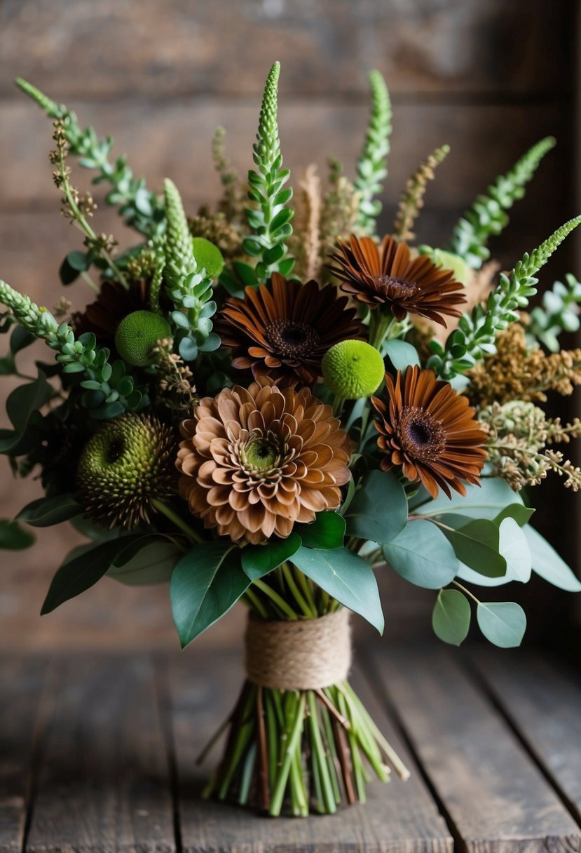 A soft brown and green bouquet of earth-toned flowers arranged in a rustic, natural style