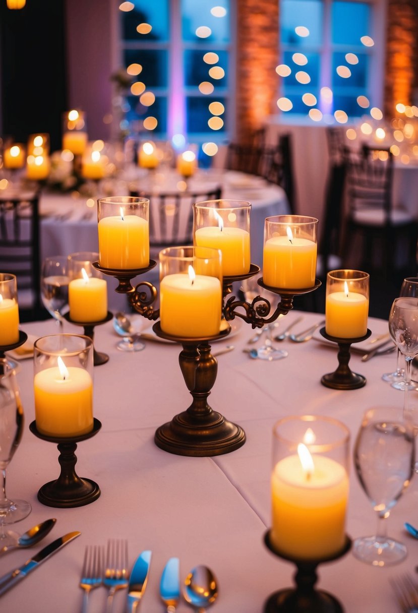 A round table adorned with flickering candles in elegant holders, casting a warm and romantic glow over the wedding reception