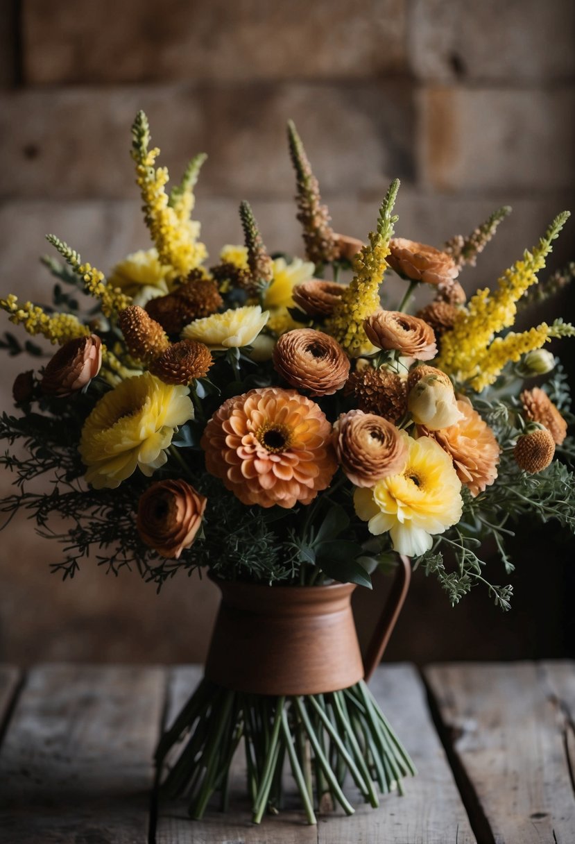 A bouquet of muted yellow and terracotta flowers arranged in a rustic, earthy style