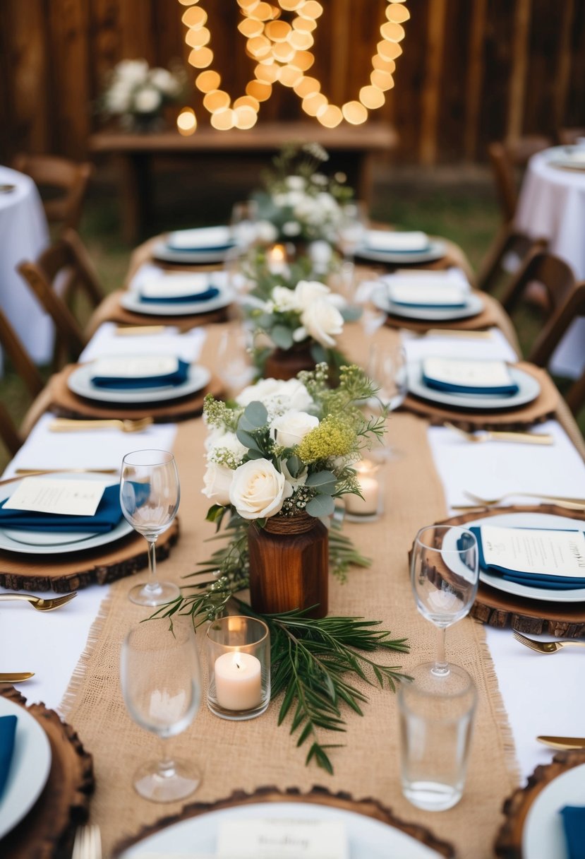 A burlap and wood table adorned with rustic wedding decor