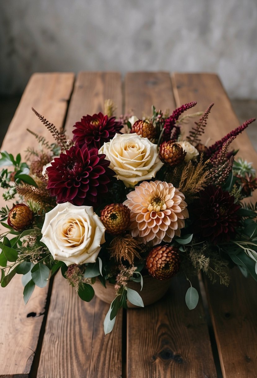 A rustic wooden table adorned with a lush arrangement of earth-toned flowers, including creamy roses, rich burgundy dahlias, and delicate greenery