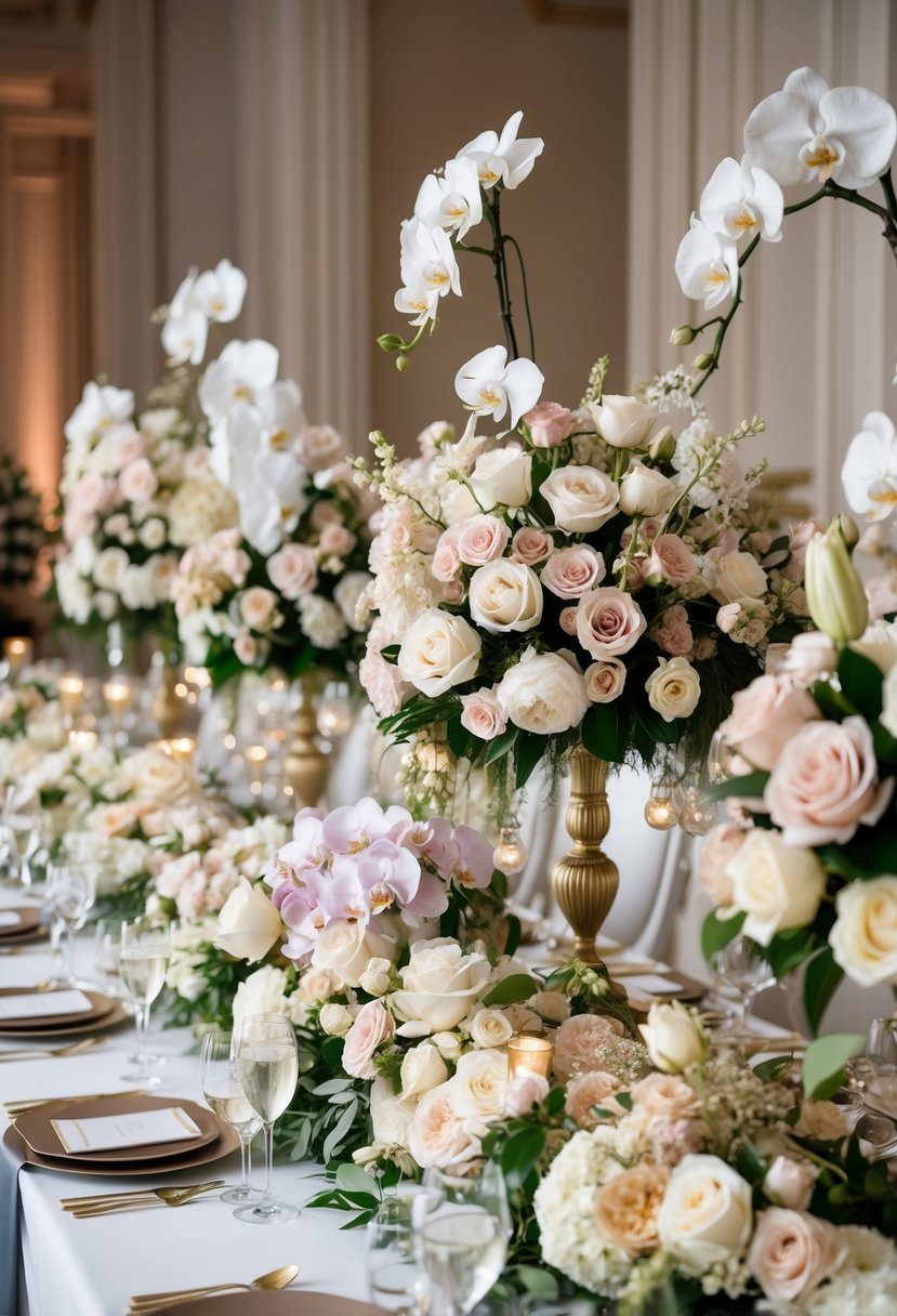 A lavish display of floral arrangements adorns the main wedding table, featuring an opulent mix of roses, peonies, and orchids in shades of white, blush, and gold