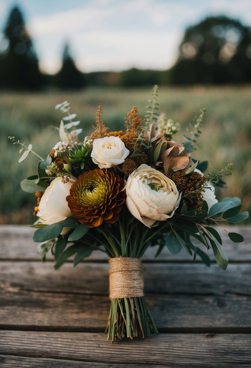 A rustic wedding bouquet featuring earth tone blooms and greenery