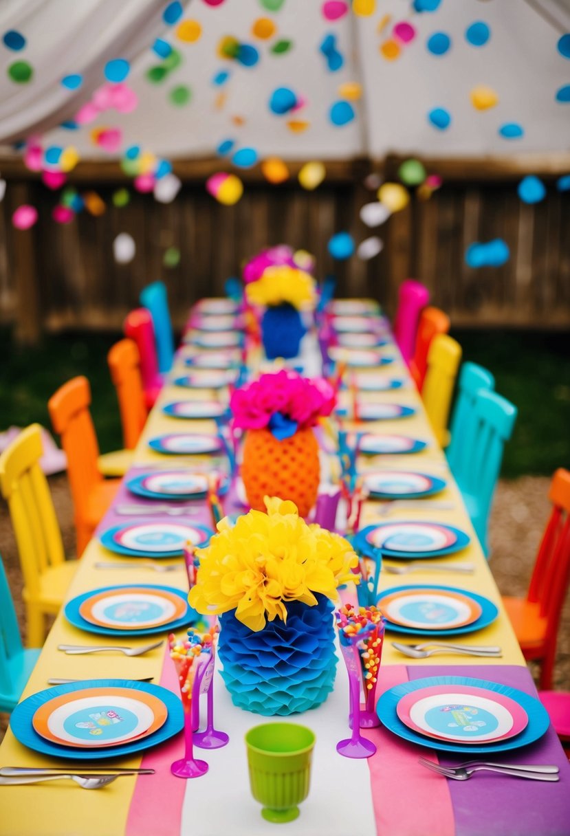 A colorful and playful kids' table at a wedding, adorned with vibrant centerpieces, confetti, and whimsical place settings