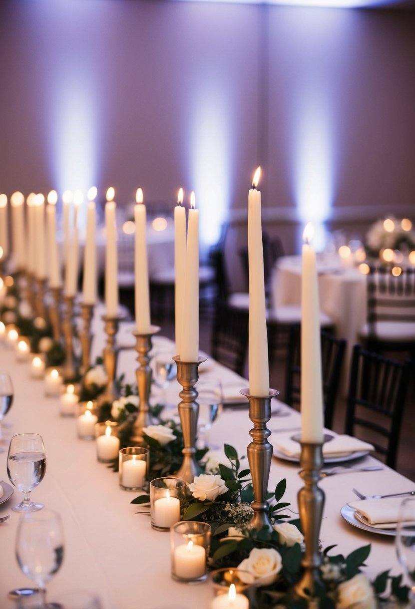 A long, elegant taper candles arranged in a symmetrical pattern on a beautifully set wedding reception table