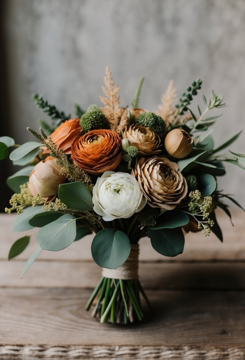 A rustic wedding bouquet with warm neutrals and green accents, featuring earthy tones like terracotta, sage, and olive